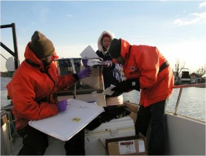 Bouwer group members in orange cold weather gear on the deck of a sampling boat.