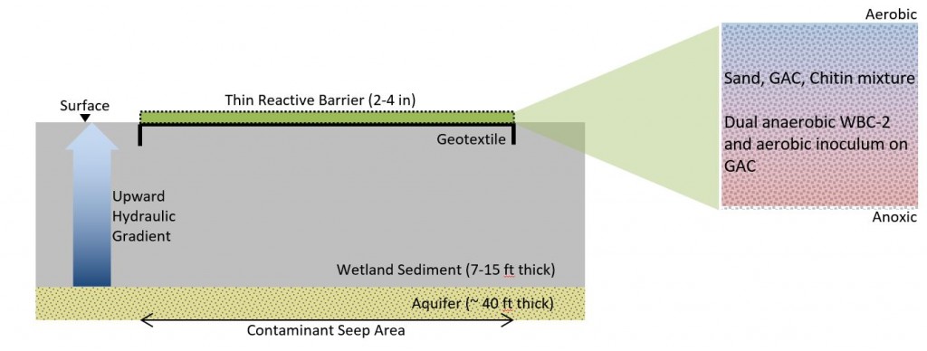 Schematic of the bio-barrier system, showing a thin bioreactive zone at the sediment surface containing layered sand, GAC, and chitin.